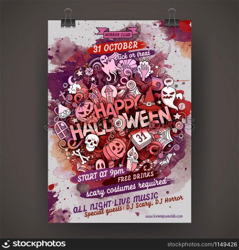 Vector Happy Halloween doodles watercolor paint party poster design. Vector Happy Halloween doodles party poster