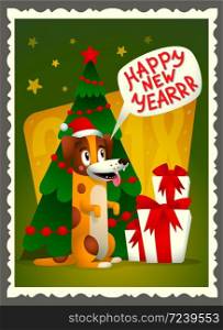 Vector Happy New year card. Retro style greeting card with cute dog, holiday gifts and Happy new year inscription. Yellow dog with santa claus red hat on a green Christmas background. Symbol of 2018. Vector Happy New year card. Retro style greeting card with cute dog, holiday gifts and Happy new year inscription. Yellow dog with santa claus red hat on a green Christmas background.