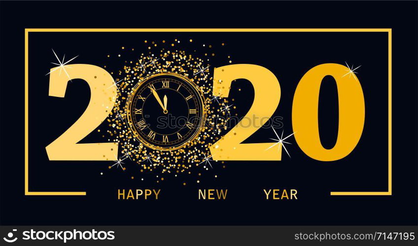 vector happy new year card with golden twenty numbers, retro clock, and golden happy new year text with glowing sparkles