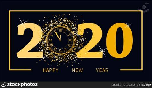 vector happy new year card with golden twenty numbers, retro clock, and golden happy new year text with glowing sparkles