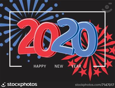 vector happy new year card with red and blue numbers, twenty. fireworks and happy new year text isolated on black background