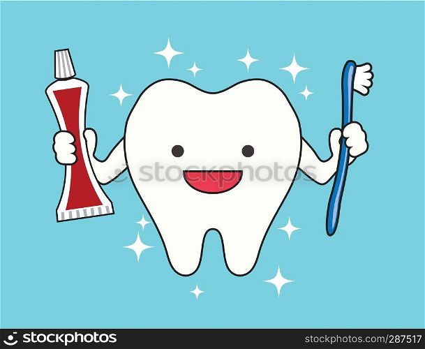 vector happy smiling tooth holding toothbrush and toothpaste tube. cartoon drawing isolated on blue background. dental care hygiene illustration. strong tooth with brush and toothpaste tube flat icon