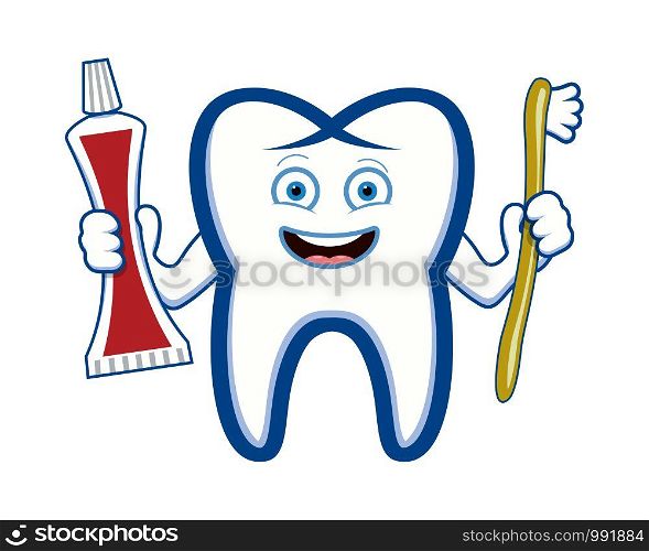 vector happy smiling tooth holding toothbrush and toothpaste tube. cartoon drawing isolated on white background. dental care hygiene illustration. eps10 illustration