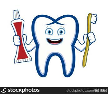 vector happy smiling tooth holding toothbrush and toothpaste tube. cartoon drawing isolated on white background. dental care hygiene illustration. eps10 illustration