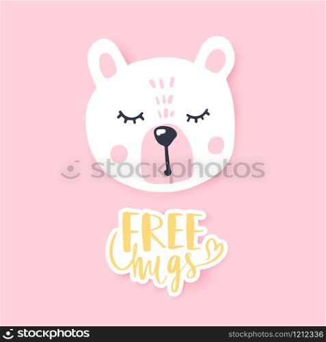 Vector Happy teddy bear. Awesome greeting card with bear. Doodle kids animals print. Funny character. Cute illustration, trendy design. Free hugs.. Vector Happy teddy bear. Awesome greeting card with bear. Doodle kids animals print.