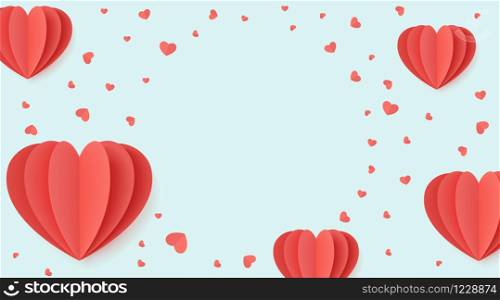 Vector happy Valentine&rsquo;s day concept design on a white blue background. Flat lay copy space template, top view. Love hearts shapes paper air ballon. Origami 3d illustration art
