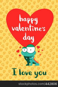 Vector Happy Valentines Day card with hearts, cute monster and lettering i love you on hearts background illustration. Vector Happy Valentines Day card with hearts, cute monster and lettering on hearts background