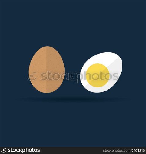 Vector hard-boiled and raw egg icon. Two brown chicken eggs, whole in eggshell and cut in half eggs illustration on dark background. Flat style egg illustration