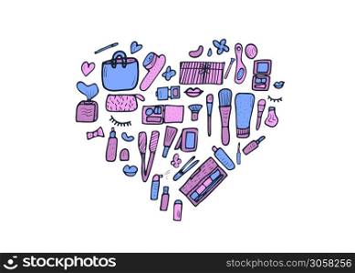 Vector heart composition of beauty items. Set of doodle style cosmetic tools. Makeup collection.