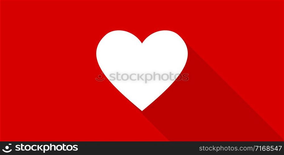 Vector heart in flat design with shadow on red background. Valentine love red background. Valentine gift. Abstract heart flat shadow for decorative design. EPS 10