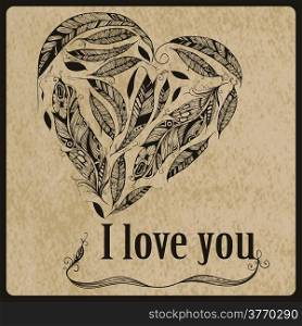 "Vector Heart made of Feathers with "I love you" standart AI font Birch std, Native American Indian Style"