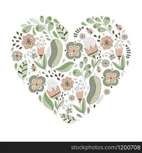 Vector Heart Shape with Flowers and Leaves. Valentine&rsquo;s Day Greeting Card