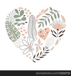 Vector Heart Shape with Flowers and Leaves. Valentine&rsquo;s Day Greeting Card