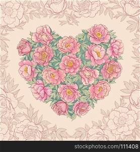 vector heart with peonies . vector heart with pink peonies on color background