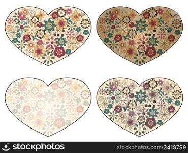 vector hearts with spring floral patterns, upper left without transparency effects
