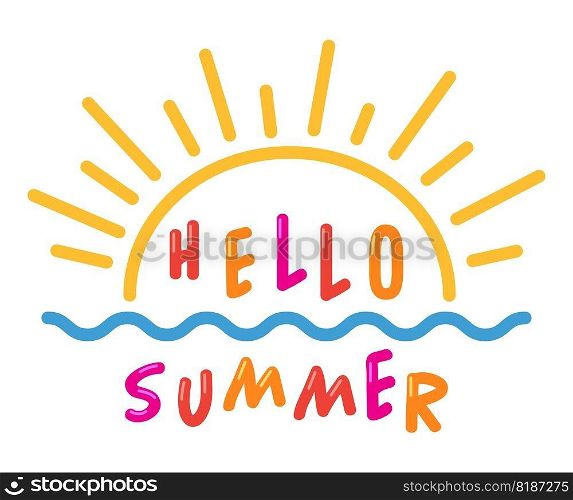 vector hello summer text with sun and ocean waves symbols isolated on white background. hello summer colorful text with sun rays,  sea waves lines