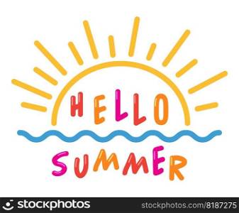 vector hello summer text with sun and ocean waves symbols isolated on white background. hello summer colorful text with sun rays,  sea waves lines