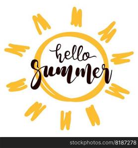 vector hello summer text with sun symbol isolated on white background. hello summer black text lettering and sun rays. handwritten lettering
