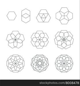 vector hexagon black outline monochrome variations sacred geometry decoration elements collection isolated white background &#xA;