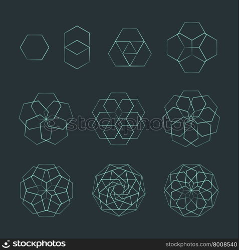 vector hexagon light outline monochrome variations sacred geometry decoration elements collection isolated dark background &#xA;