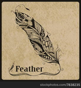 Vector highly detailed hand drawn tattoo feather on rorgh paper texture, place for your text, AI standart font Birch std