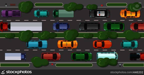 Vector highway with a lot of cars and vehicles with grass and trees dividing and on sidelines top view illustration. Vector highway with a lot of cars and vehicles