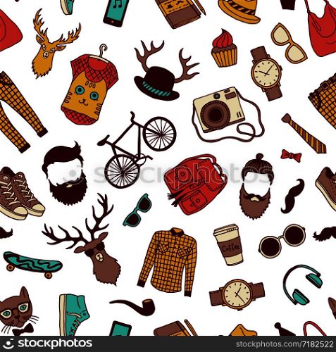 Vector hipster doodle icons background or pattern illustration. Hipster pattern with sunglasses and camera, vintage pipe and beard. Vector hipster doodle icons background or pattern illustration