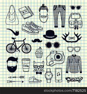 Vector hipster doodle icons on cell sheet illustration. Camera and hairstyle, coffee sketchy, horns and arrow. Vector hipster doodle icons on cell sheet illustration