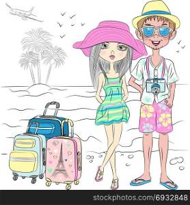 Vector hipster traveler couple on the sea beach. Vector hipster traveler guy and girl with suitcases on the sea beach