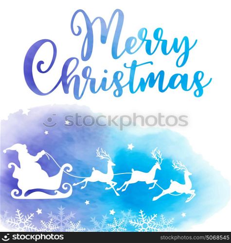 Vector holiday background with Santa Claus and greeting inscription. Christmas card with blue watercolor texture.