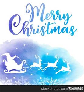 Vector holiday background with Santa Claus and greeting inscription. Christmas card with blue watercolor texture.