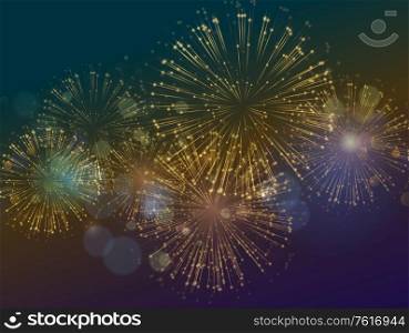 Vector Holiday Fireworks Background. Happy New Year, Independence Day festive background. Vector Holiday Fireworks Background. Happy New Year, Independence Day background