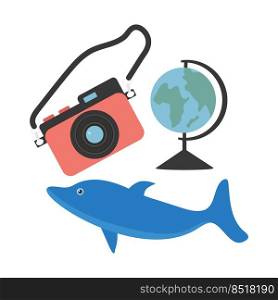 Vector holiday illustration. Earth day. Blue sea water.. Cartoon set globe dolphin camera on a white background