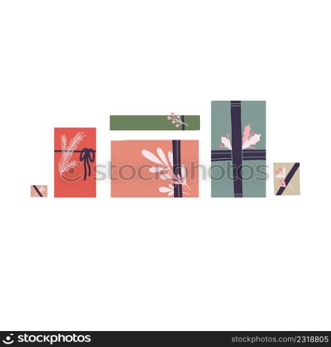 Vector holiday illustration of hygge gift boxes top view with ribbons and branches. Horizontal composition of festive parcels in pastel colors with foliage and berries.. Vector holiday illustration of hygge gift boxes top view with ribbons and branches. Horizontal composition of festive parcels in pastel colors
