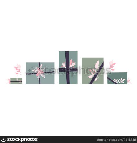 Vector holiday illustration of hygge gifts top view with ribbons and branches. Horizontal composition of gift boxes in blue pastel colors and stems with foliage and berries.. Vector holiday illustration of hygge gifts top view with ribbons and branches. Horizontal composition of gift boxes in blue pastel colors