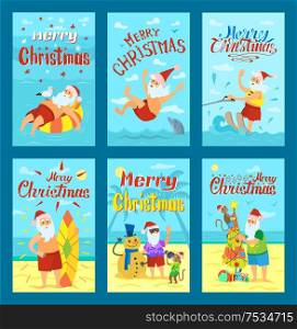 Vector holiday illustration of Santa Claus standing on beach and swimming in sea. Cheerful cartoon character for Merry Christmas design card template. Seascape Merry Christmas postcard template Vector