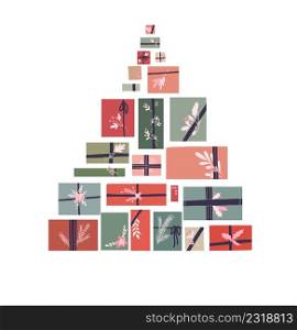 Vector holiday illustration of stack hygge gifts with ribbons and branches in christmas tree shape. Concept composition of pole gift boxes in pastel colors and stems with foliage and berries.. Vector holiday illustration of stack hygge gifts with ribbons and branches in christmas tree shape. Concept composition of pole gift boxes in pastel colors and stems