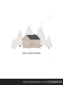 Vector holiday illustration, winter scene with lonely standing house in the forest. Artwork, design for Christmas greeting cards, posters. Vector holiday illustration, winter scene with lonely standing house in the forest