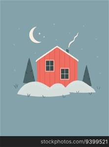 Vector holiday illustration, winter scene with lonely standing house in the forest. Artwork, design for Christmas greeting cards, posters. Vector holiday illustration, winter scene with lonely standing house in the forest