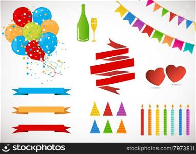 Vector Holiday Set. Colorful Garlands, Flags, banners, air Balloons, Birthday Candles, Hats and Champagne bottle and glass on white background. Rainbow colors.