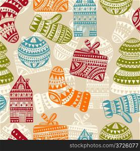vector holiday winter pattern with houses, socks, mittens, and fir trees, seamless pattern in swatch menu