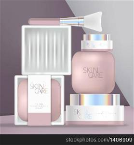 Vector Holographic Beauty or Bathing Packaging Set with Soap, Ceramic Dish, Spatula and Screw Cap Jars