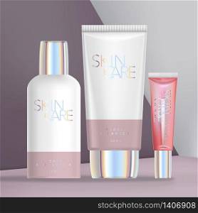 Vector Holographic Beauty or Skincare Packaging Set with Spray Bottle, Opaque & Clear Tubes