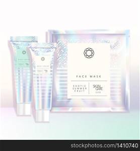 Vector Holographic Cosmetic Healthcare Tube & Face Mask Sachet Set Theme