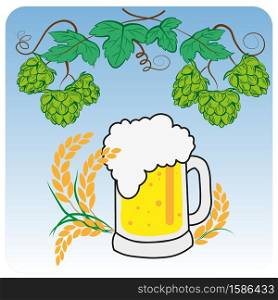 Vector. Hops, malt, beer glass and beer mug. Hand drawn vector illustration.. Vector, Hops, malt, beer glass and beer mug. Hand drawn vector illustration.