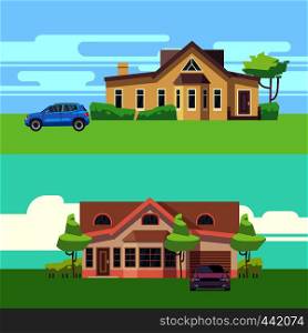 Vector horizontal banners with houses with cars. Flat vector illustration. Car and building architecture, automobile and cottage. Vector horizontal banners with houses with cars. Flat vector illustration