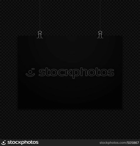 vector horizontal black empty poster suspended on office clamps mock up realistic shadow blank template isolated neutral dark background. horizontal poster clips suspended mockup