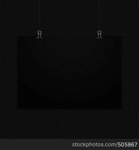 vector horizontal black empty poster suspended on office clamps mock up realistic shadow blank template isolated neutral dark background. horizontal poster clips suspended mockup