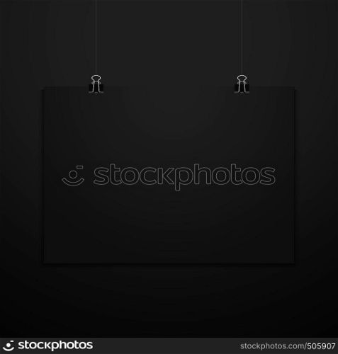 vector horizontal black empty poster suspended on office clamps mock up realistic shadow blank template isolated black background. horizontal poster clips suspended mockup