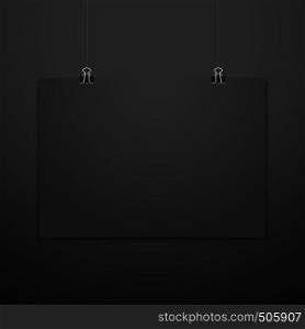 vector horizontal black empty poster suspended on office clamps mock up realistic shadow blank template isolated black background. horizontal poster clips suspended mockup